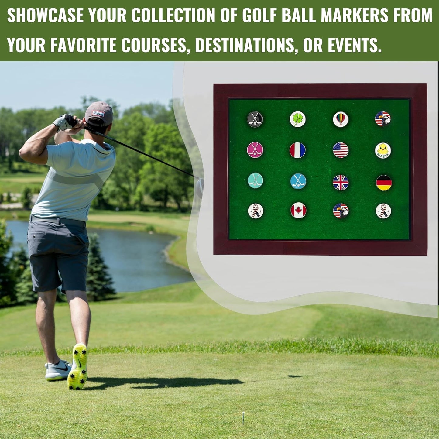 20 Golf Ball Marker Display Case Magnetic 11" W x 9" H Wall Mounted Ball Marker Display Frame Shadow Box Acrylic Cover Magnetic Back Panel Suitable for Collecting Golf Ball Markers