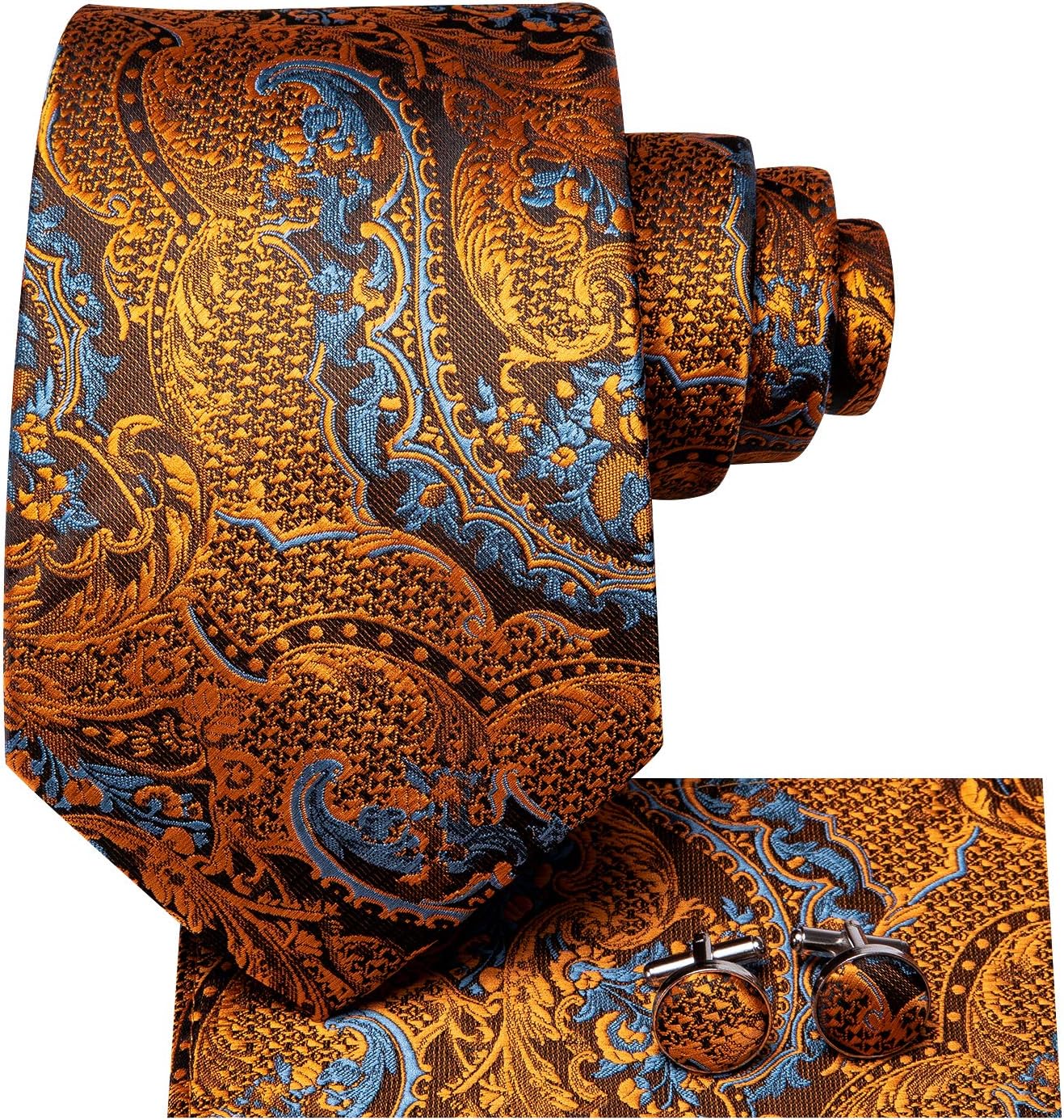 Hi-Tie Men 63inches Tie Set Extra Long Necktie Paisley Tie Pocket Suqare Cufflinks Big and Tall Men Tie