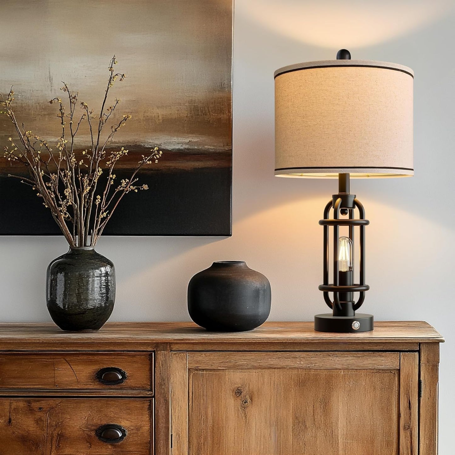 24'' Table Lamps for Living Room Bedroom Industrial Touch Lamp with USB A+C Ports, Night Light Farmhouse Vintage Nightstand Bedside Lamps for Night Stands Metal Black, Bulbs Included