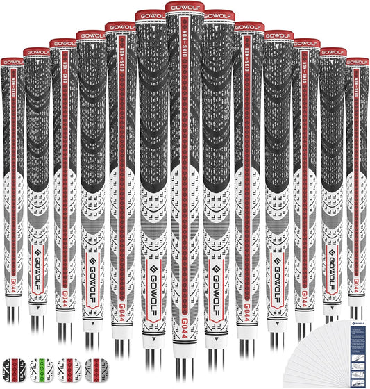 Gowolf Premium Cross Corded Natrual Rubber Golf Grips 13 Pack, Back Rib Improved Control Multi-compound Hybrid Golf Club Grips with 15pc Tapes or Full Kits