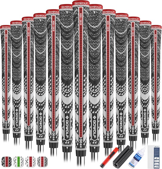 Gowolf Premium Cross Corded Natrual Rubber Golf Grips 13 Pack, Back Rib Improved Control Multi-compound Hybrid Golf Club Grips with 15pc Tapes or Full Kits