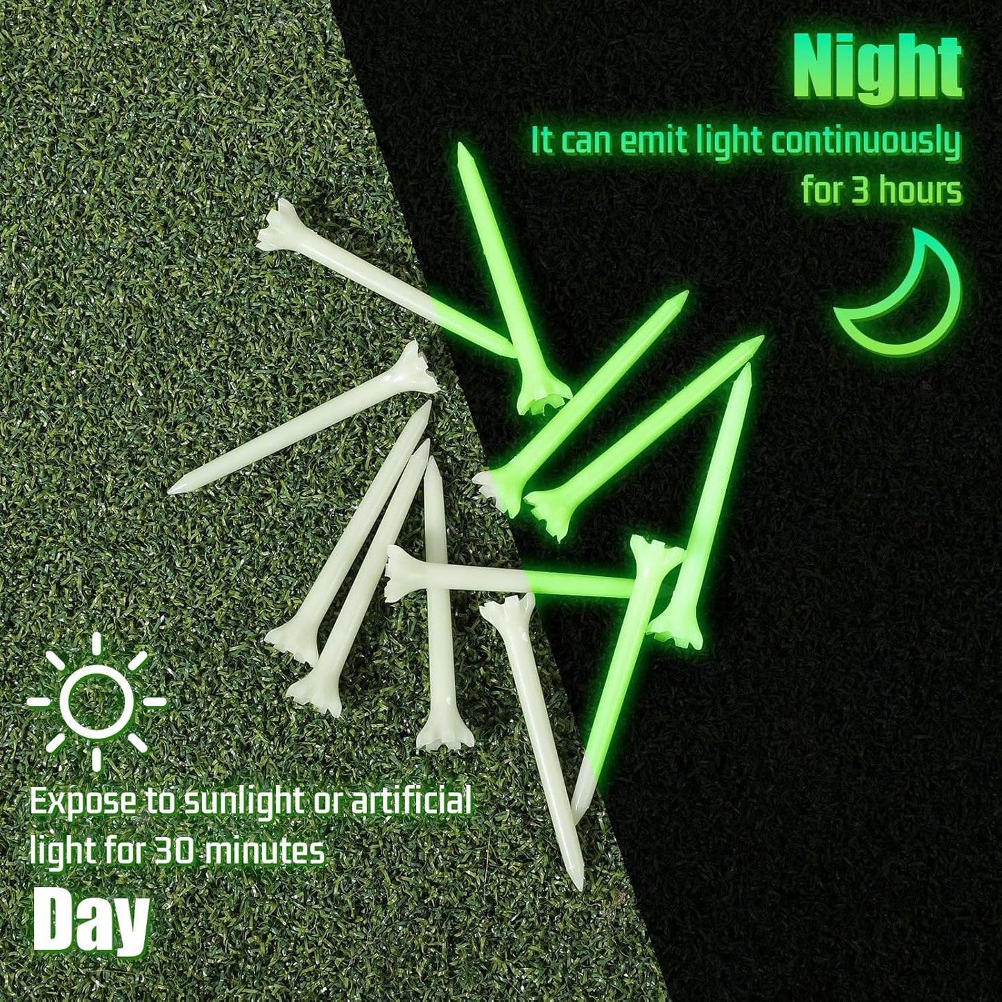 12 Pcs Glow in The Dark Golf Tees, Fluorescent Green Light Up Golf-Tees, Professional Plastic Golf-Tee for Night, Indoor Outdoor Training, Reduce Side Spin Friction