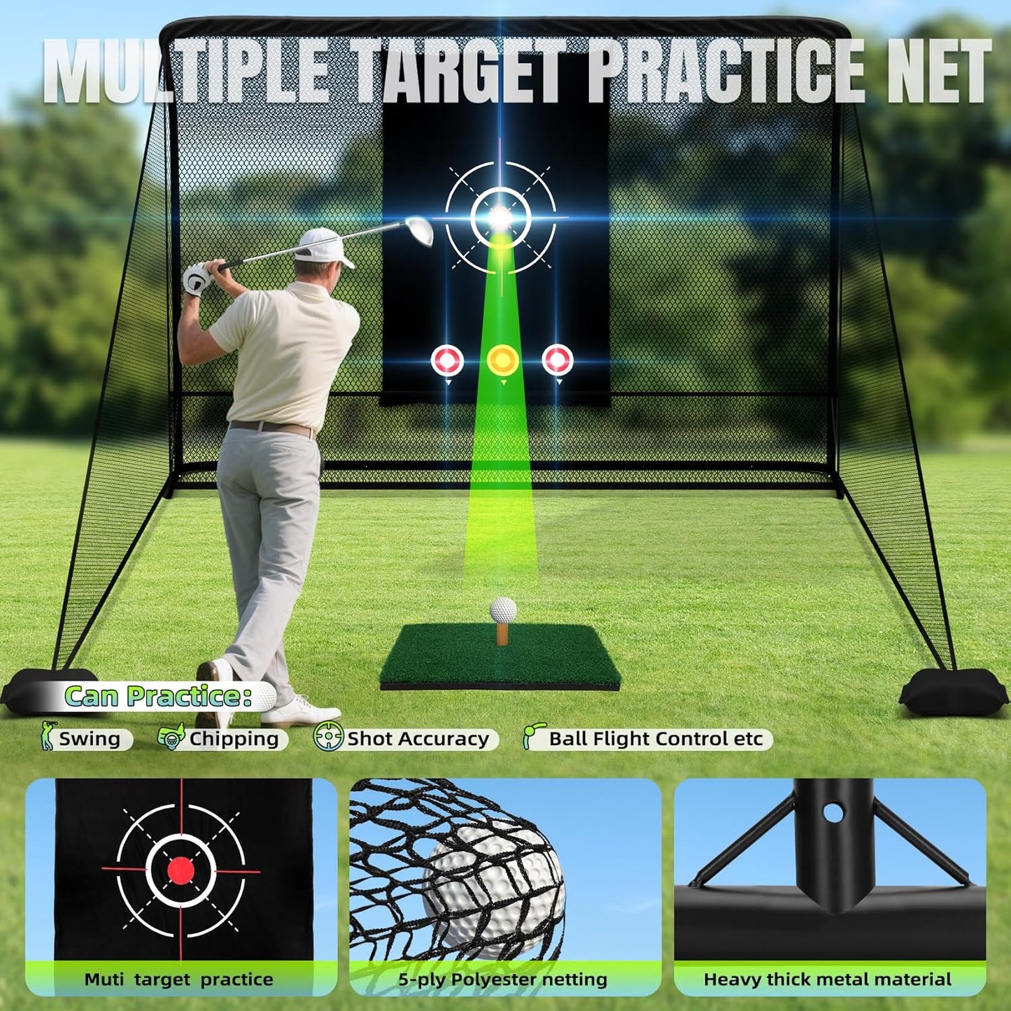 10x7ft Heavy-Duty Golf Practice Net with Hitting Mat & 2 Side Nets | Easy 10-Min Setup & Portable Bag | Low-Noise Impact Target for Backyard, Garage & Outdoor Driving & Chipping Practice