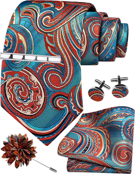 GUSLESON Tie Set for Men Necktie and Pocket Square,Tie Clip,Cufflinks, Lapel Pin Sets with Gift Box 5PCS