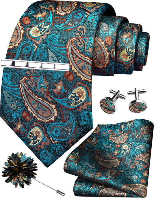 GUSLESON Tie Set for Men Necktie and Pocket Square,Tie Clip,Cufflinks, Lapel Pin Sets with Gift Box 5PCS