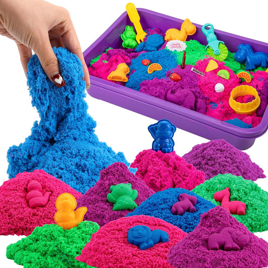 Asoxt Sensory Bin for Boy Girl Kid Toy - 43pcs Play Sand Art Kit with Sandbox, 4lb Color Sand, 17 Molds, Sensory Toy Birthday Gift for Girl Toddler Ages 3-8