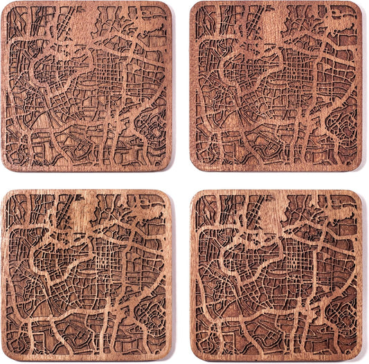 Guangzhou Map Coaster by O3 Design Studio, Set Of 4, Sapele Wooden Coaster With City Map, Handmade